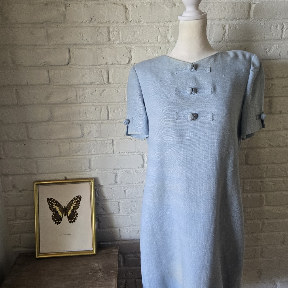 Vintage William Pearson Light Blue Shift Dress, Linen, 80s, Work, Casual - Picture 4 of 15